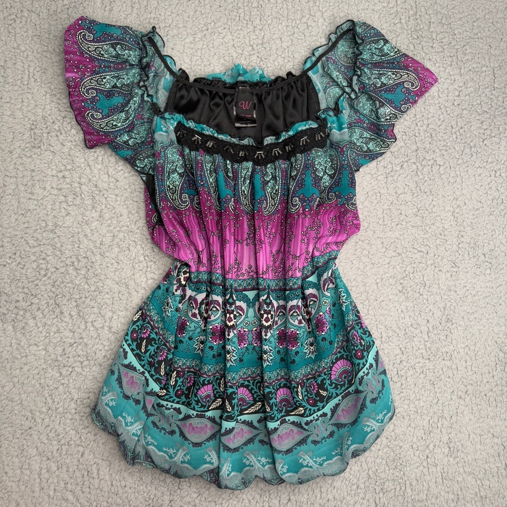 Wrapper boho paisley peasant top beaded flutter sleeve blue pink size XL Y2K